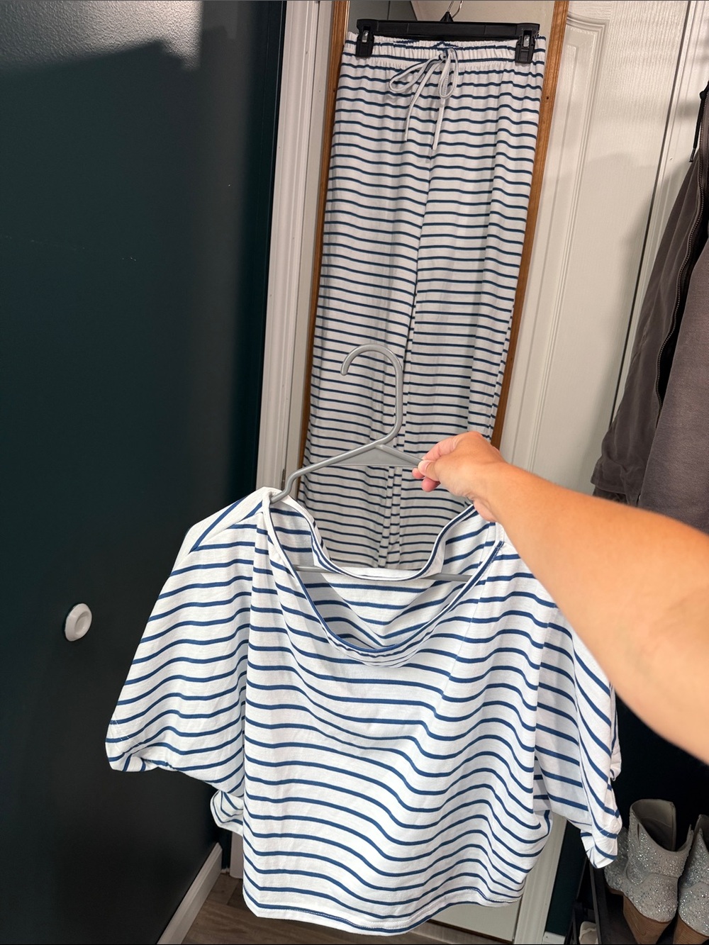 Striped White & Navy Lounge Set - Cropped Top and Pants